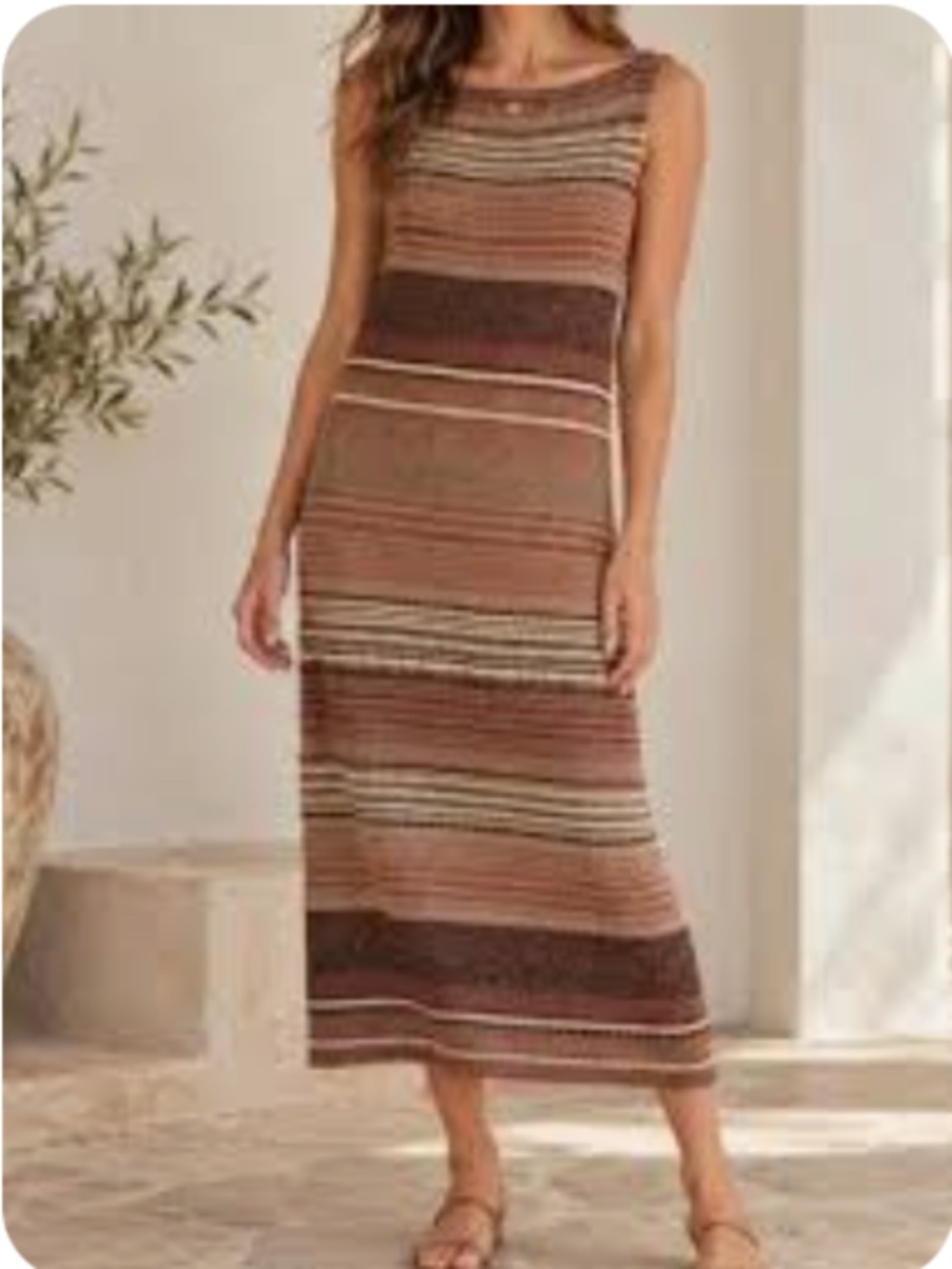 Ralph Lauren Sleeveless Knit Midi Dress Linen Blend Sz Large Brown & Tan Striped